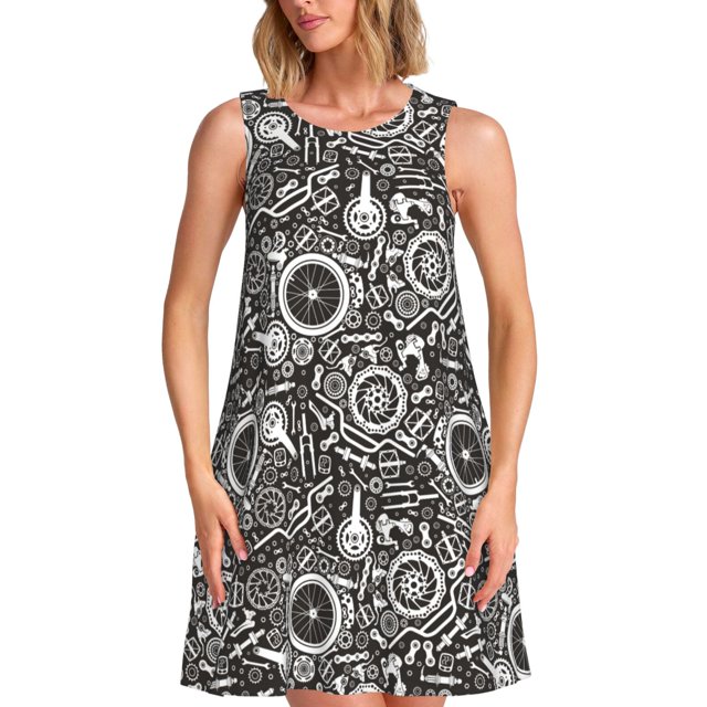Vsdgher Pièces de Vélos Robes d'Été Imprimées pour Femmes Robe de Plage Décontractée Col en U Sans Manches Robe d'Été Ample avec Poche