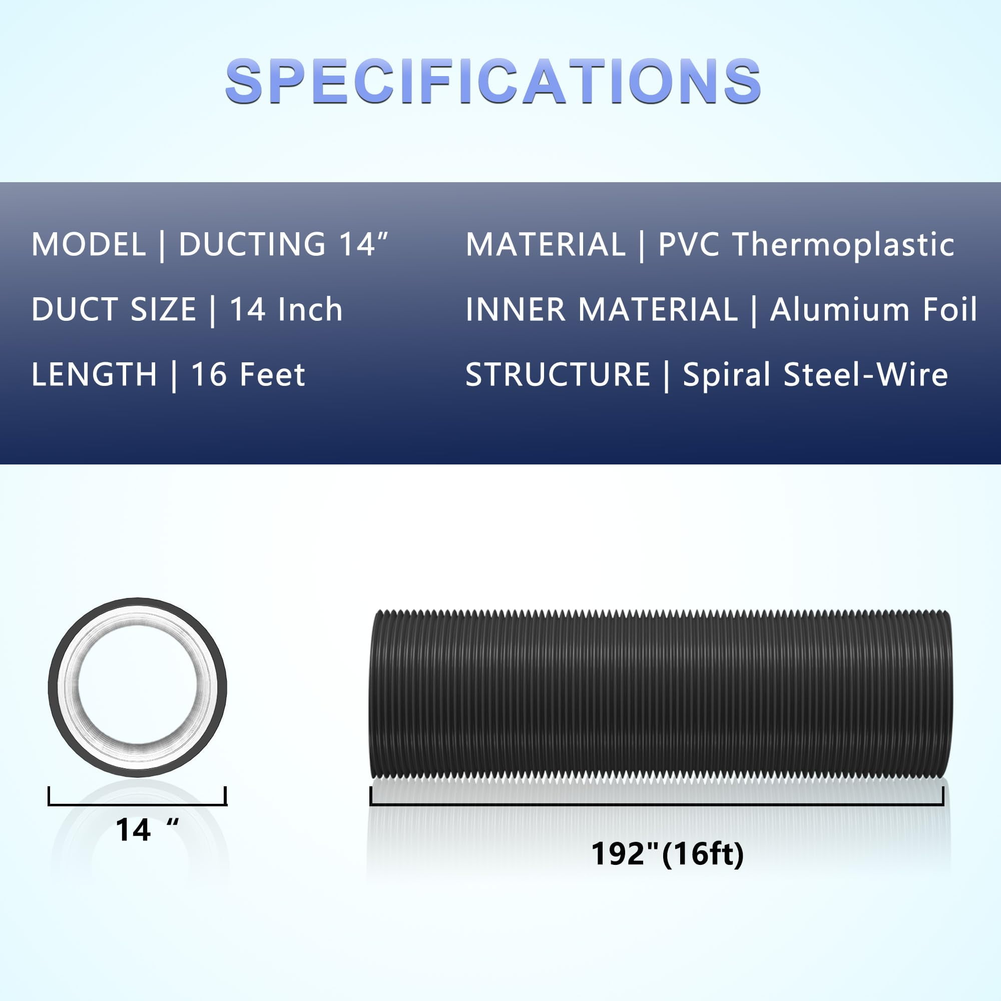 CKSFAN 14" x 16ft Aluminum Ducting, 4-Layer Vent Hose for HVAC, Dryer, Heating/Cooling, 2 Clamps Included