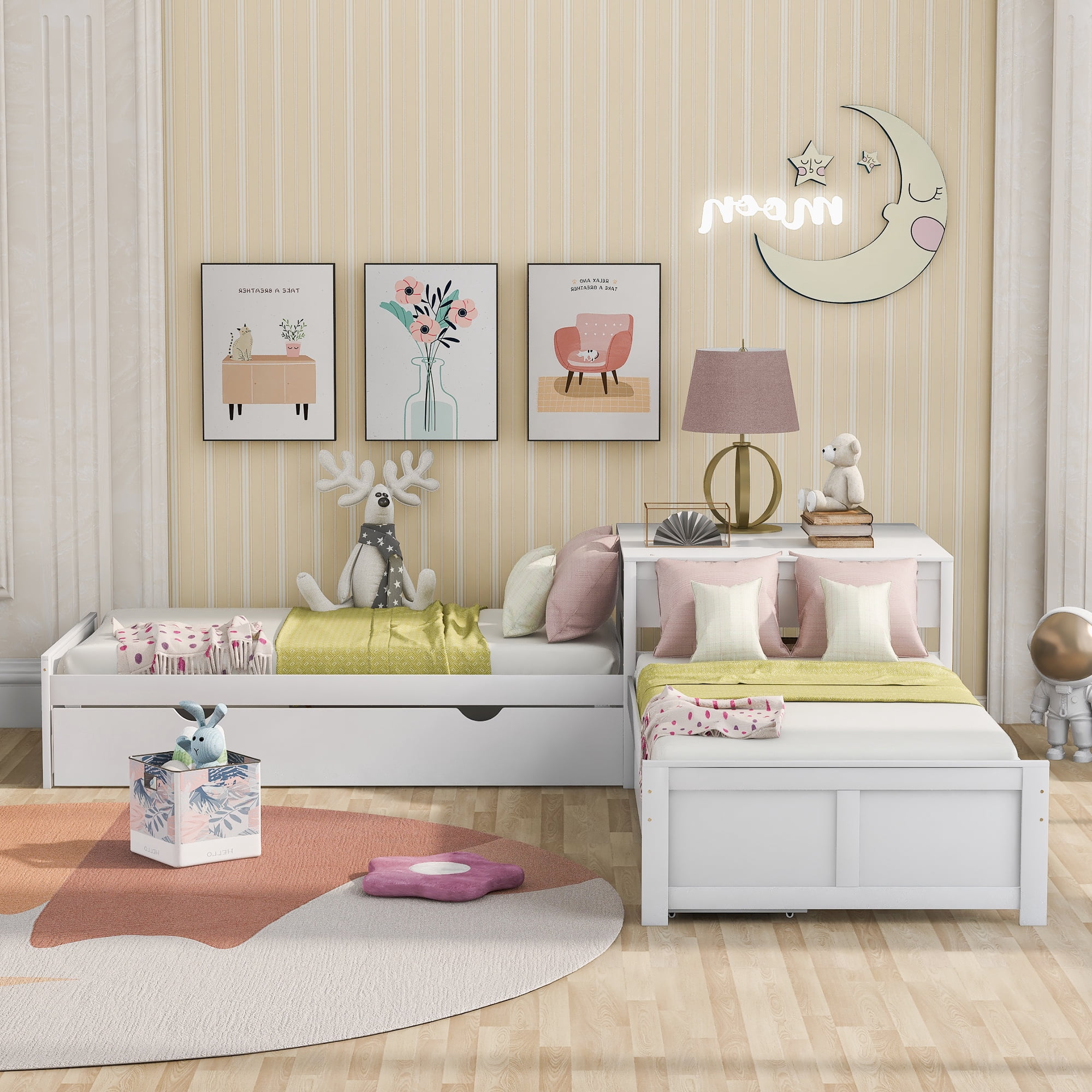 Euroco Wood  Kids Twin Size L-Shaped Platform Beds with Square Storage Table & Trundle, White