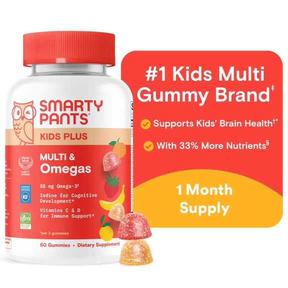 SmartyPants Kids Plus Multivitamin & Omega 3 Gummies with Vitamins C, D3, B12, Zinc 60 Count