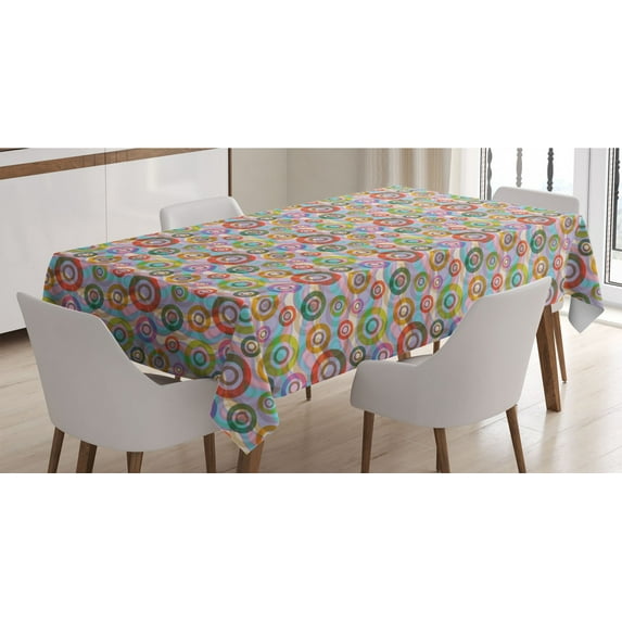Retro Tablecloth, Hippie Style Punk Sixties Circles Ring Shapes Round in Colors Various Weathered Tones, Rectangle Satin Table Cover for Dining Room and Kitchen, 60" X 84", Multicolor, by Ambesonne