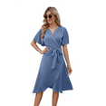 thumbnail image 3 of Women'S Wrap Dress V Neck Short Sleeve Waist Tie Ruffle Split Midi Casual Dress Gray Blue XL, 3 of 7