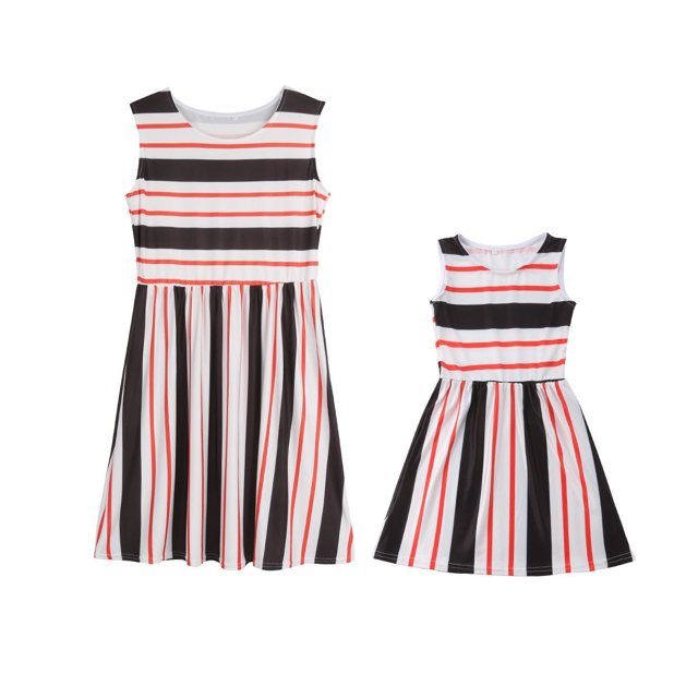 Tenue Assortie Famille Vêtements Mère et Fille Robe Bébé Fille Robes à Rayures