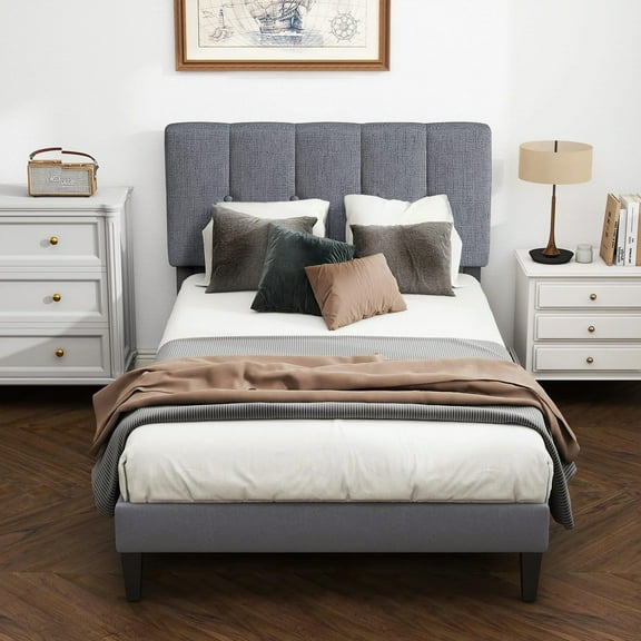 Twin Bed Frames with Headboard, Upholstered Platform Bed with Wood Slats 800 lbs Support , Noise Free, No Box Spring Needed, Gray