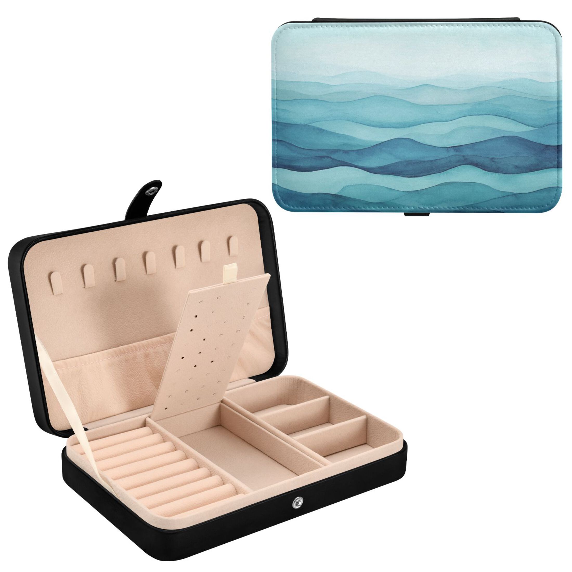 Leather Jewelry Box Rectangular 8.27x5.5x1.78In Travel Jewelry Storage Earrings Necklace Bracelet Watch Brooch Storage Cartoon Blue Sea