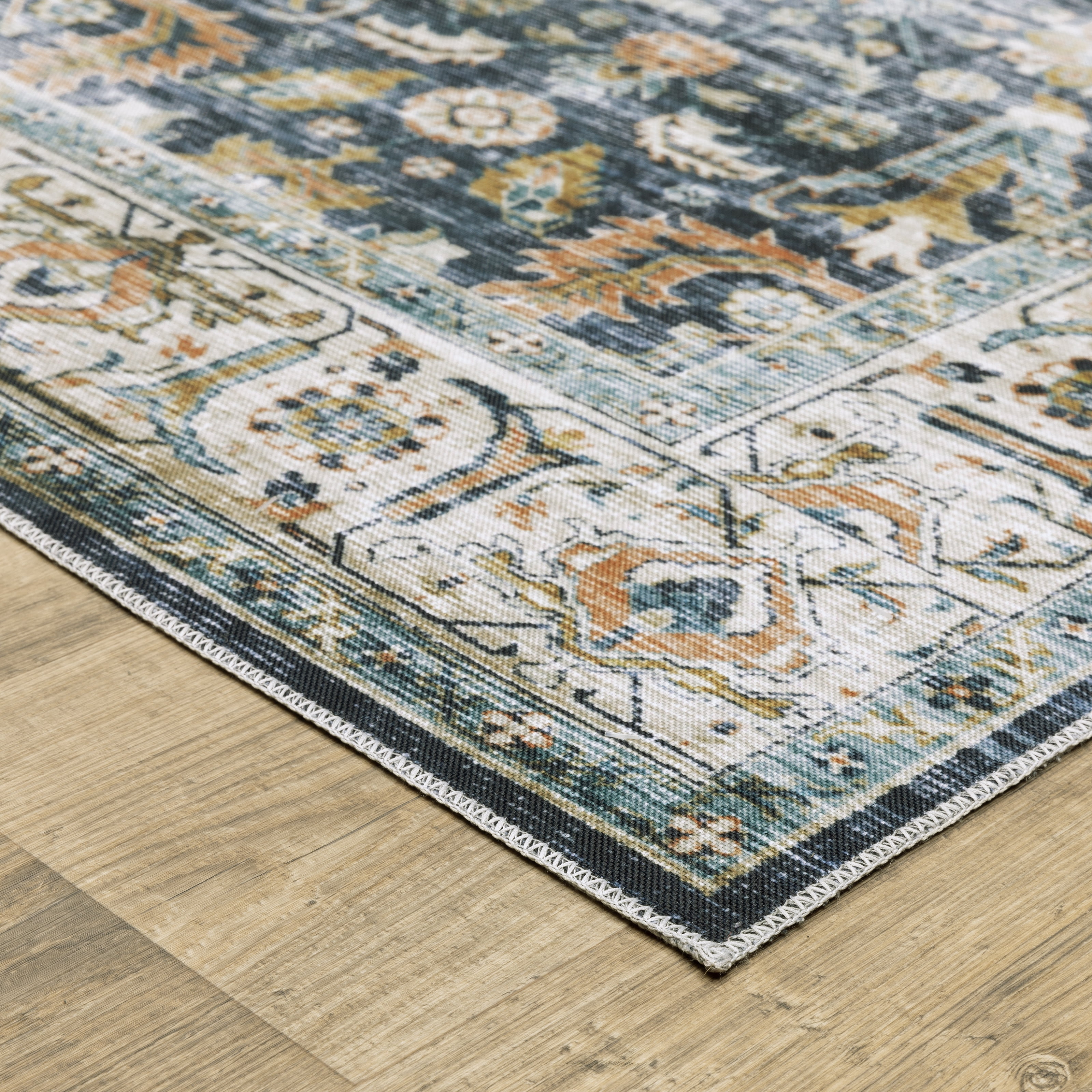 Avalon Home Celeste Washable Bordered Oriental Blue/ Gold Indoor Area Rug
