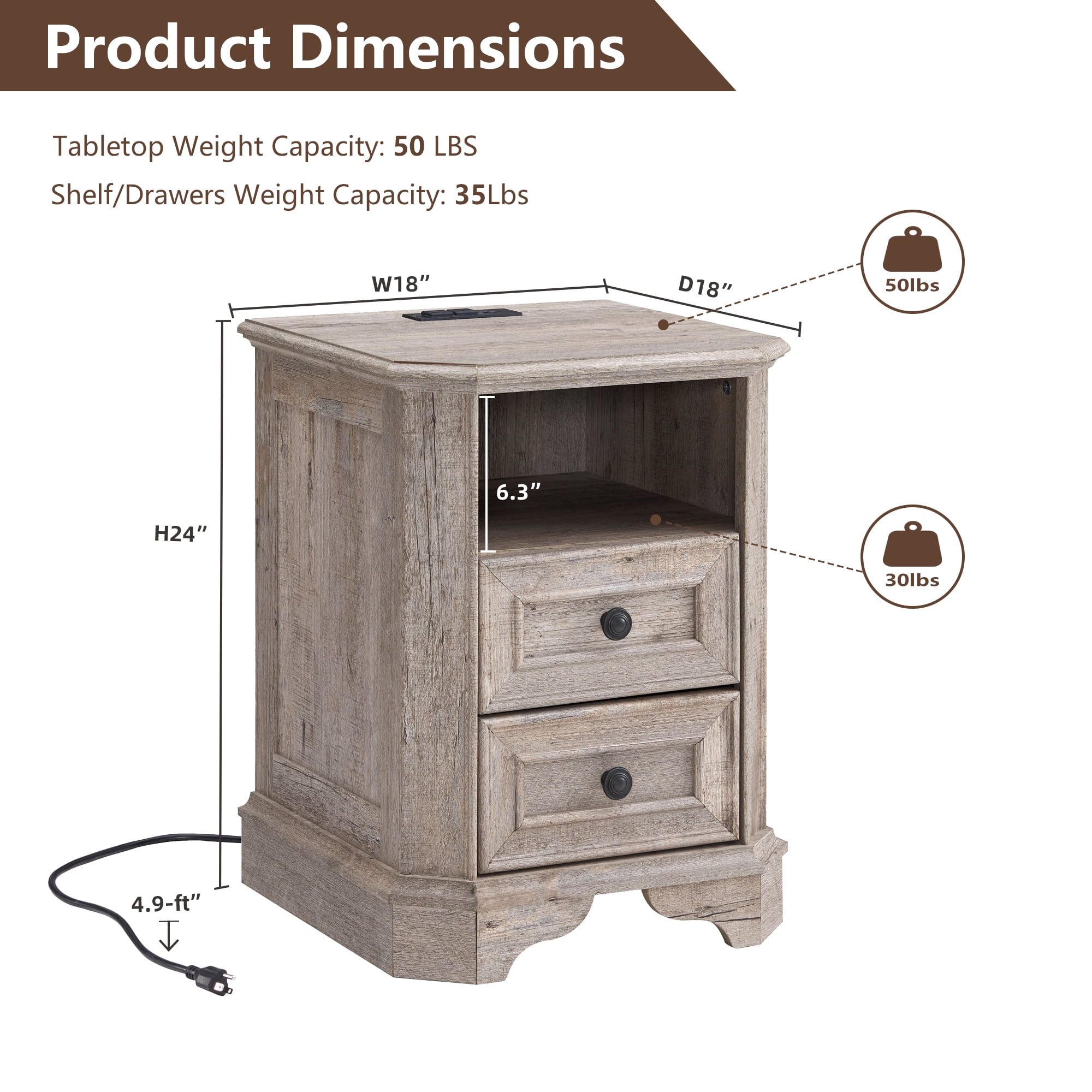 OKD Farmhouse Nightstand with Charging Station, End Table with 2 Drawers for Living Room, Side Table, Light Rustic Oak
