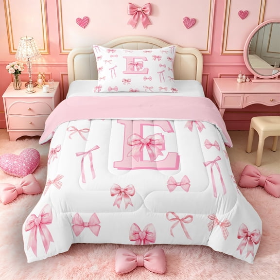 Castle Fairy Pink Bow Letter E Twin Comforter Sets 3-Piece for Girls,Dreamy Princess Bedding Set,Pink Reversible