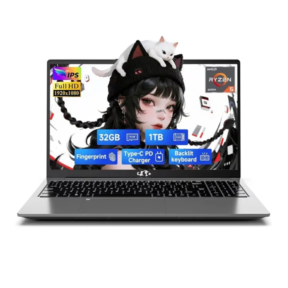 15.6" IPS FHD Gaming/Business Laptop, 32GB DDR5 RAM 1TB SSD 6 Cores AMD Ryzen 5 6600H (Beat i7-1165G7 up to 4.5GHz) 660M 6nm GPU-Computer with 100W Type-C Backlit Keyboard, Fingerprint Gray