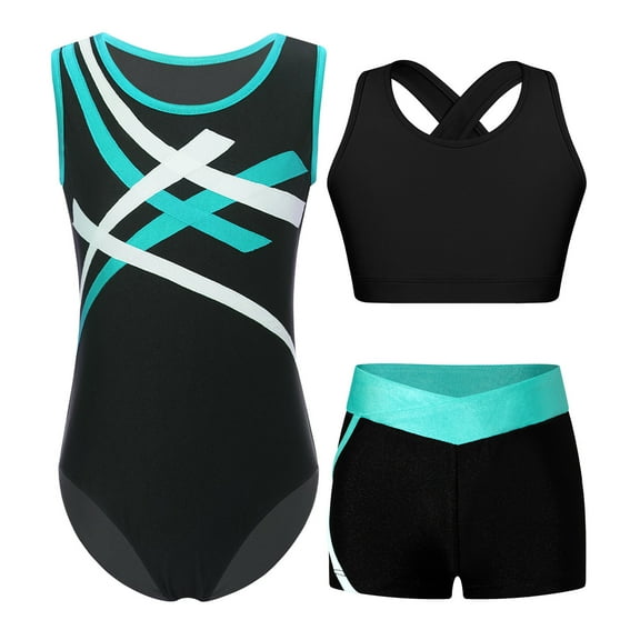 TiaoBug 3 Pcs Gymnastics Dance Outfits for Girls Training Workout Sleeveless Leotard Bras with Shorts Set Blue Green 12