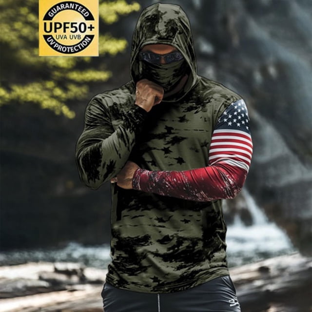 Pisexur Sun Protection Clothing Men UPF 50 Long Sleeve Shirt Men Printing Summer Sunscreen Is Breathable Long Sleeve With A Mask Hooded Blouse Army Green,M
