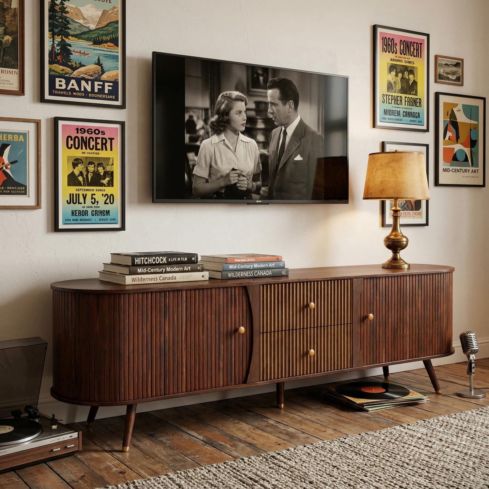 Homy Casa Mid Century Modern TV Stand for TVs up to 80", Fluted Entertainment Center with Tambour Doors and Drawers