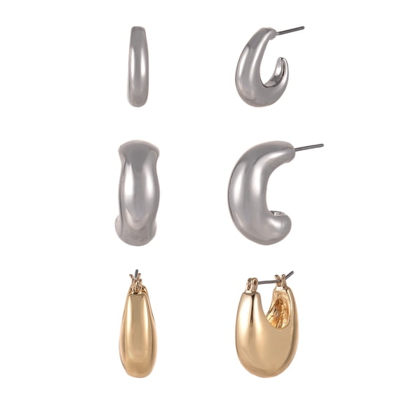 Time and Tru Goldtone and Silvertone 3-On Thick Deep Hoops and C-Hoop Earring Set