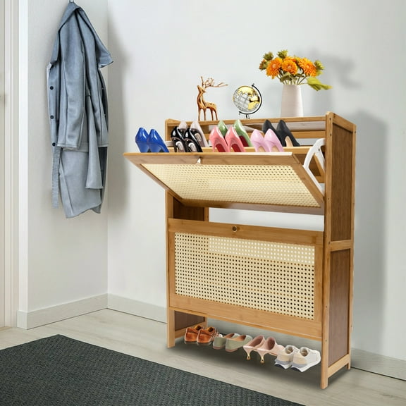 2 Tier Natural Rattan Shoe Cabinet Bamboo Floor Entryway Shoes Rack w/ Flip Doors