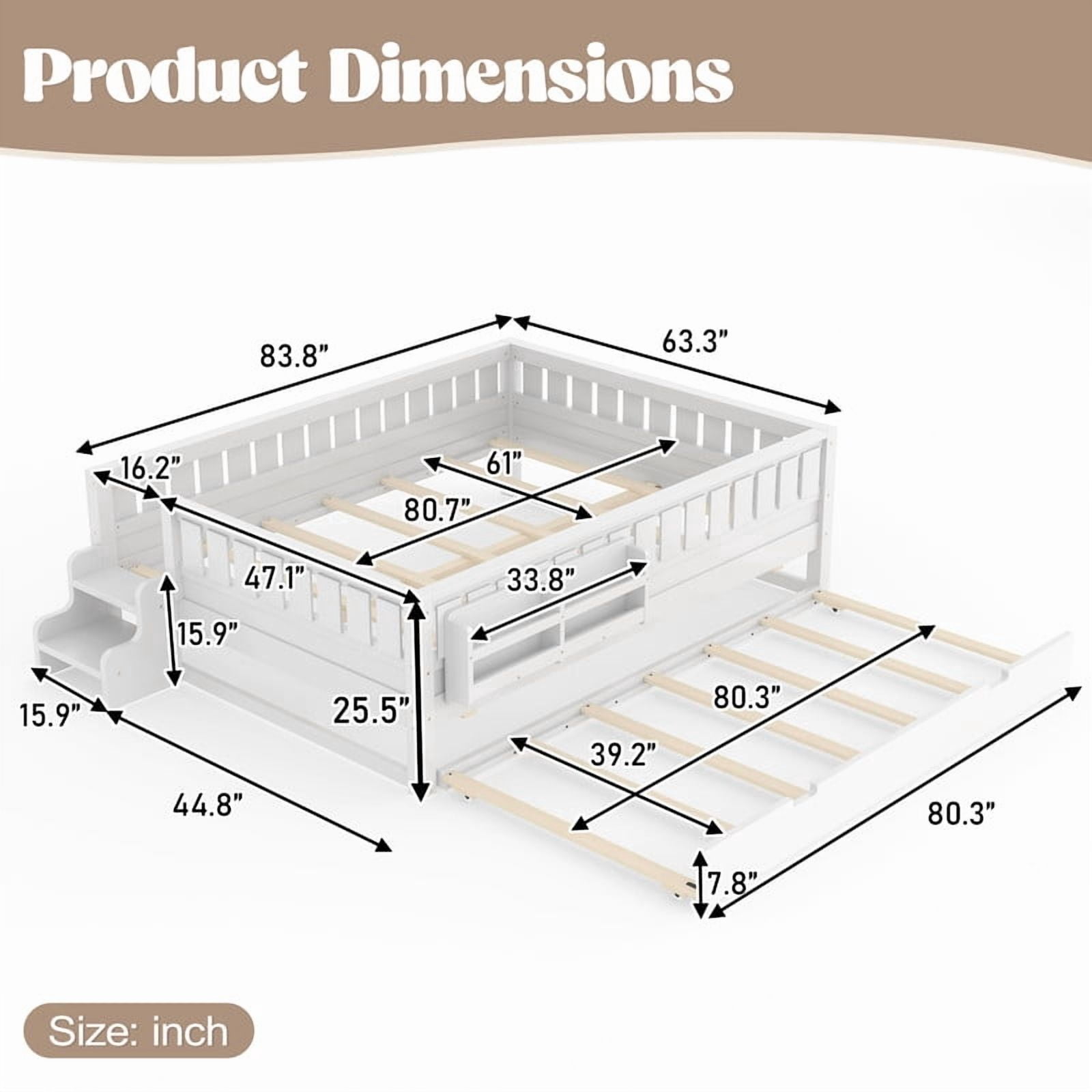 Queen Size Low-Profile Kid's Platform Bed with Built-in Bookshelves & Small Staircase, Wooden Bed Frame with Safety Rails & Trundle