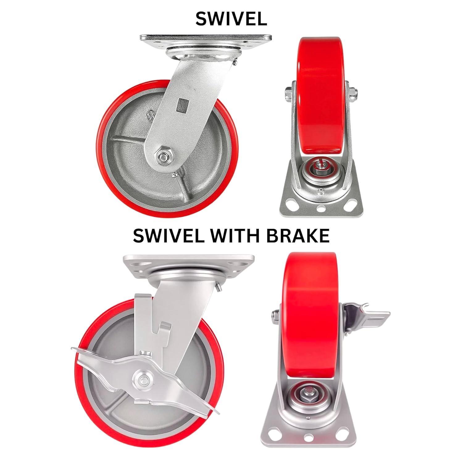 4 Heavy Duty Caster Set 6" Red Polyurethane on Cast Iron Wheels - 2 Swivel + 2 Swivel with Brake