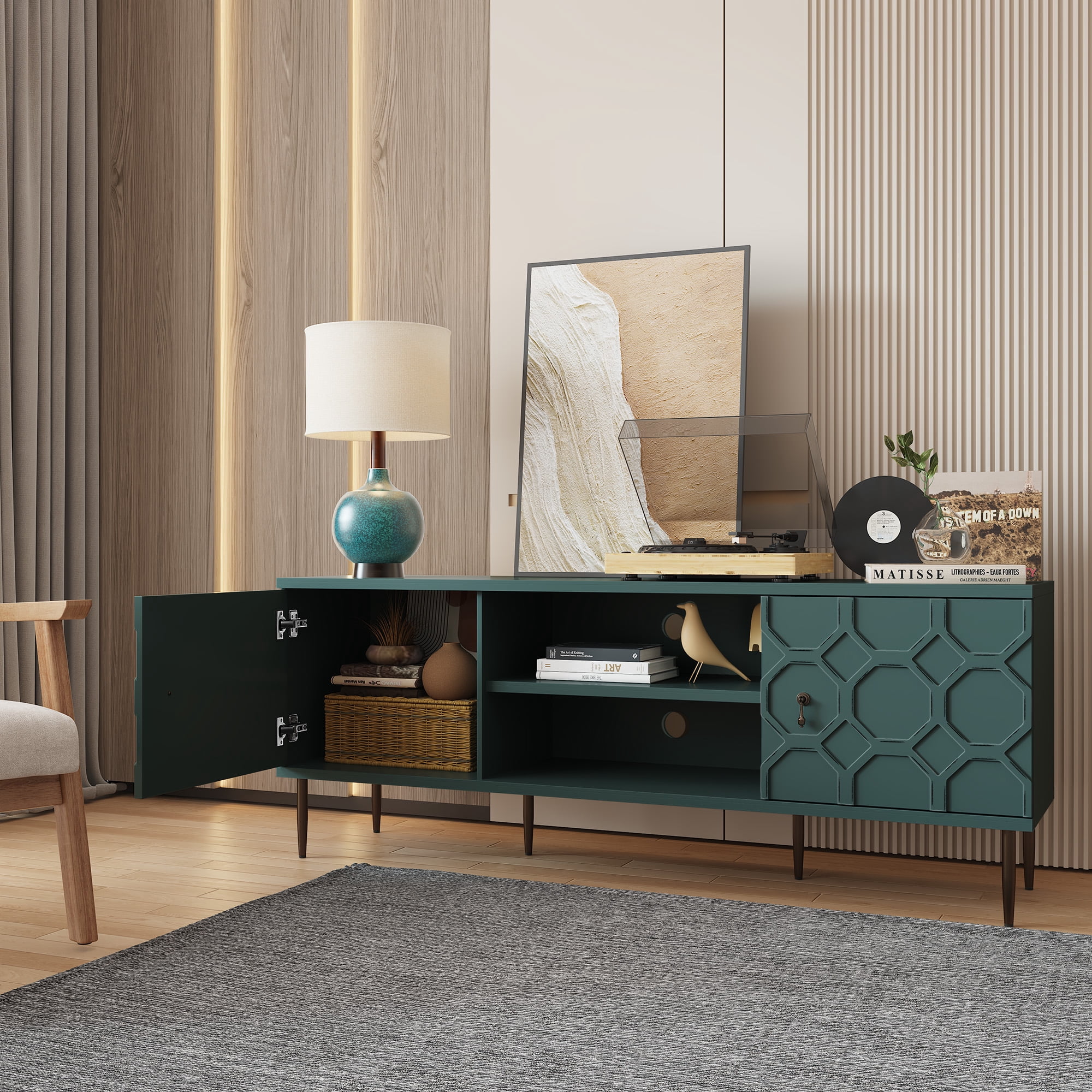HLR 63" TV Stand, for TVs up to 75", Mid-Century Wood Entertainment Center for Living Room, Green