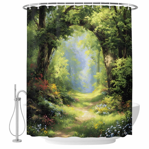 Forest Shower Curtain Set - Standard 72" x 72" Washable Bathtub Curtain with 12 Hooks, Nature Woodland Spring Scenic Green Trees Flower Waterproof Fabric Shower Curtains for Bathroom/Bathtub Décor
