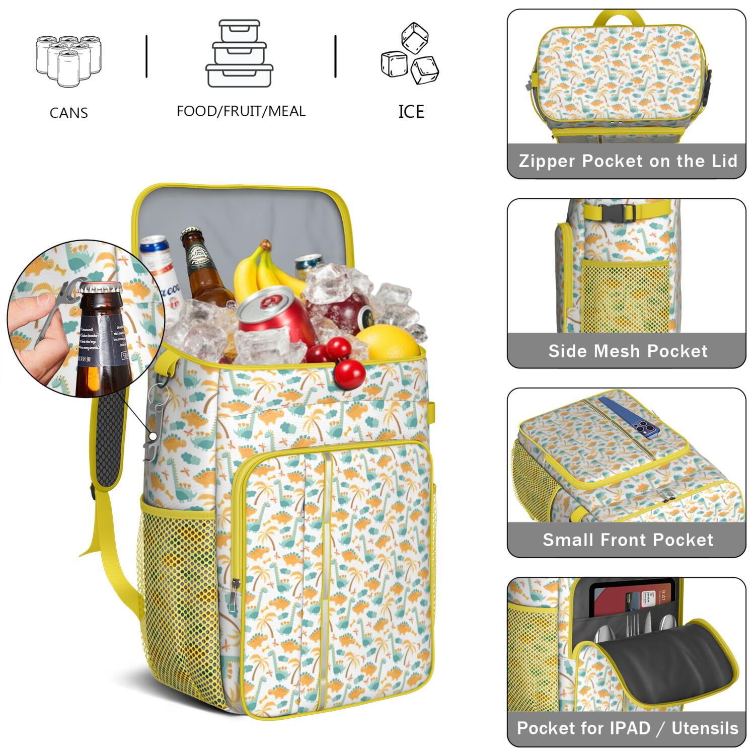 Travel Cooler Bag - White Cartoon Dinosaurs Palm Trees Pattern Camping Beer Cooler Backpack with Bottle Opener- Waterproof Insulated Picnic Backpacks - Cooler Bag for Beach