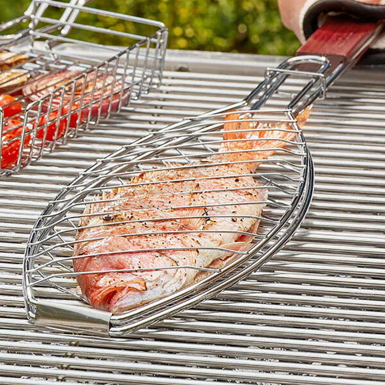 Midsumdr Outdoor Grill Fish Grilling Basket-Folding Portable Stainless Steel BBQ Grill Basket for Fish Vegetables with Removable Handle BBQ