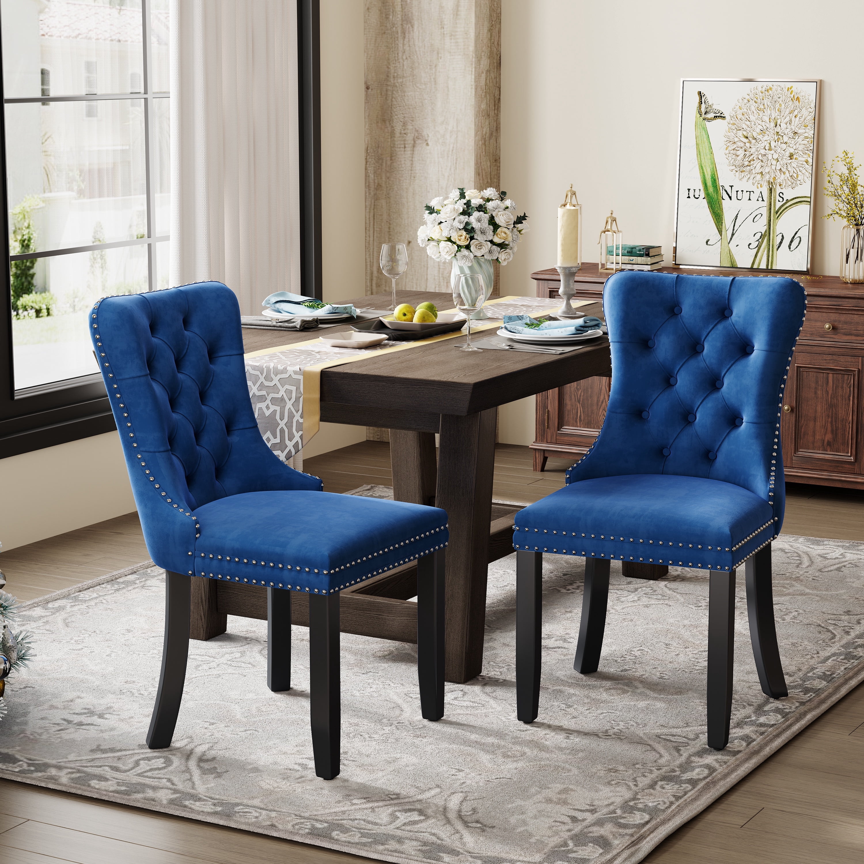 Paproos Dining Chairs Set of 2, Upholstered High-End Tufted Dining Room Chair with Back Ring and Nailhead Trim, Modern Velvet Kitchen Chairs with Solid Wood Legs for Kitchen, Home, Blue
