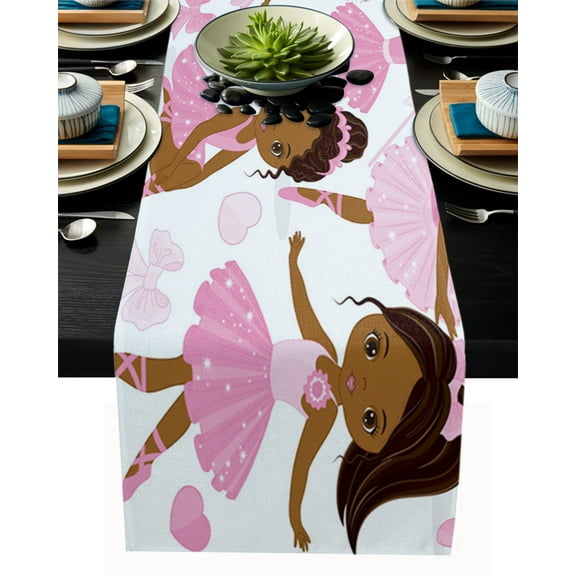 Table Runner Dresser Scarves 90 Inch Long, Pink Ballet Girl Linen Dining Table Runners Cute Princess Africa American Dancer Tabletop Scarf for Wedding Holiday Party Kitchen
