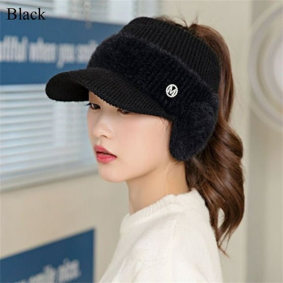 Autumn Winter Casual Outdoor Windproof Empty Top With Earflaps Baseball Cap Ear Protection Hat Warm Hat Knitted Fleece Hat BLACK