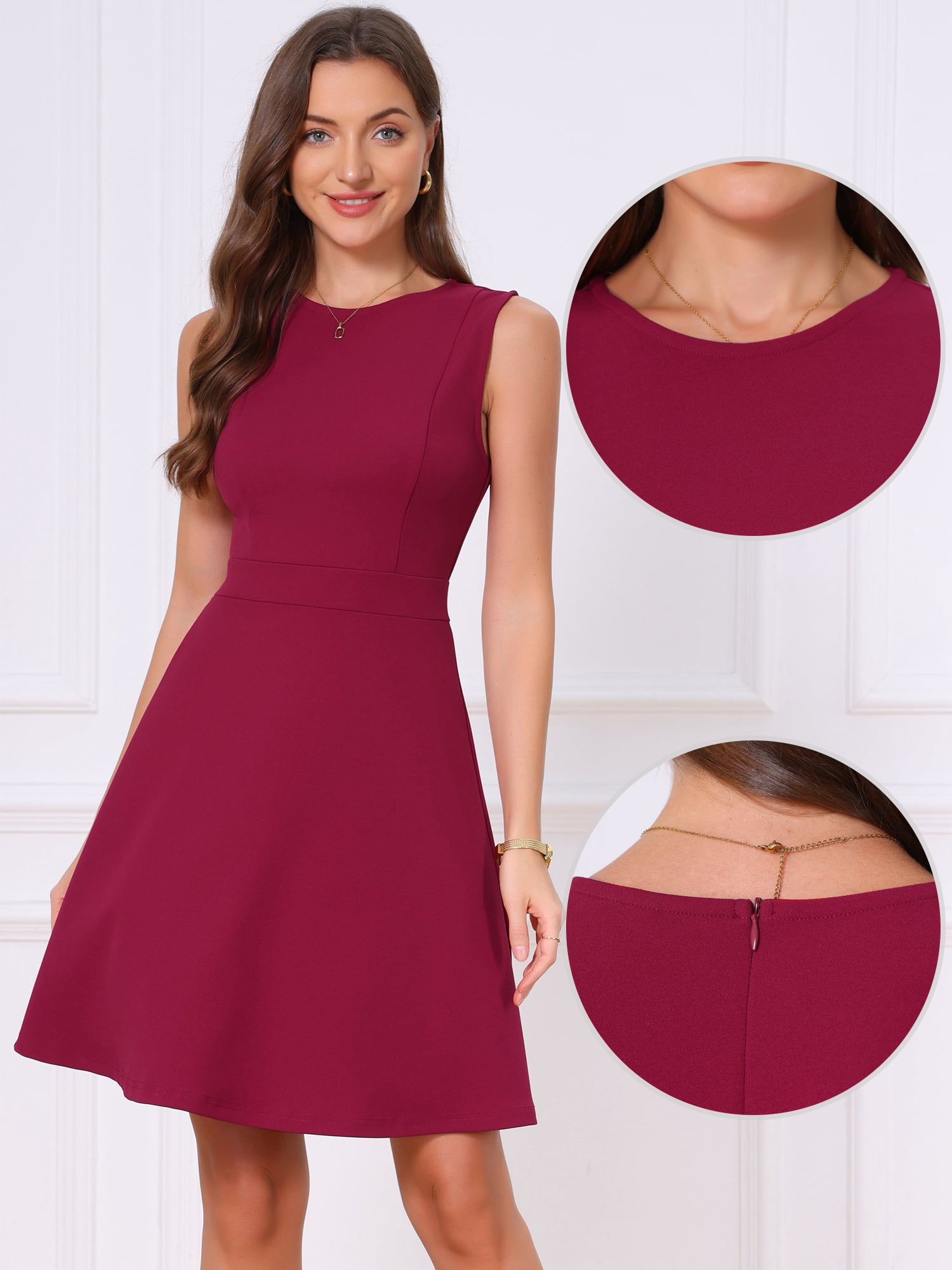 DARING DIVA Women's Elegant Sleeveless A Line Work Dress M Dark Red