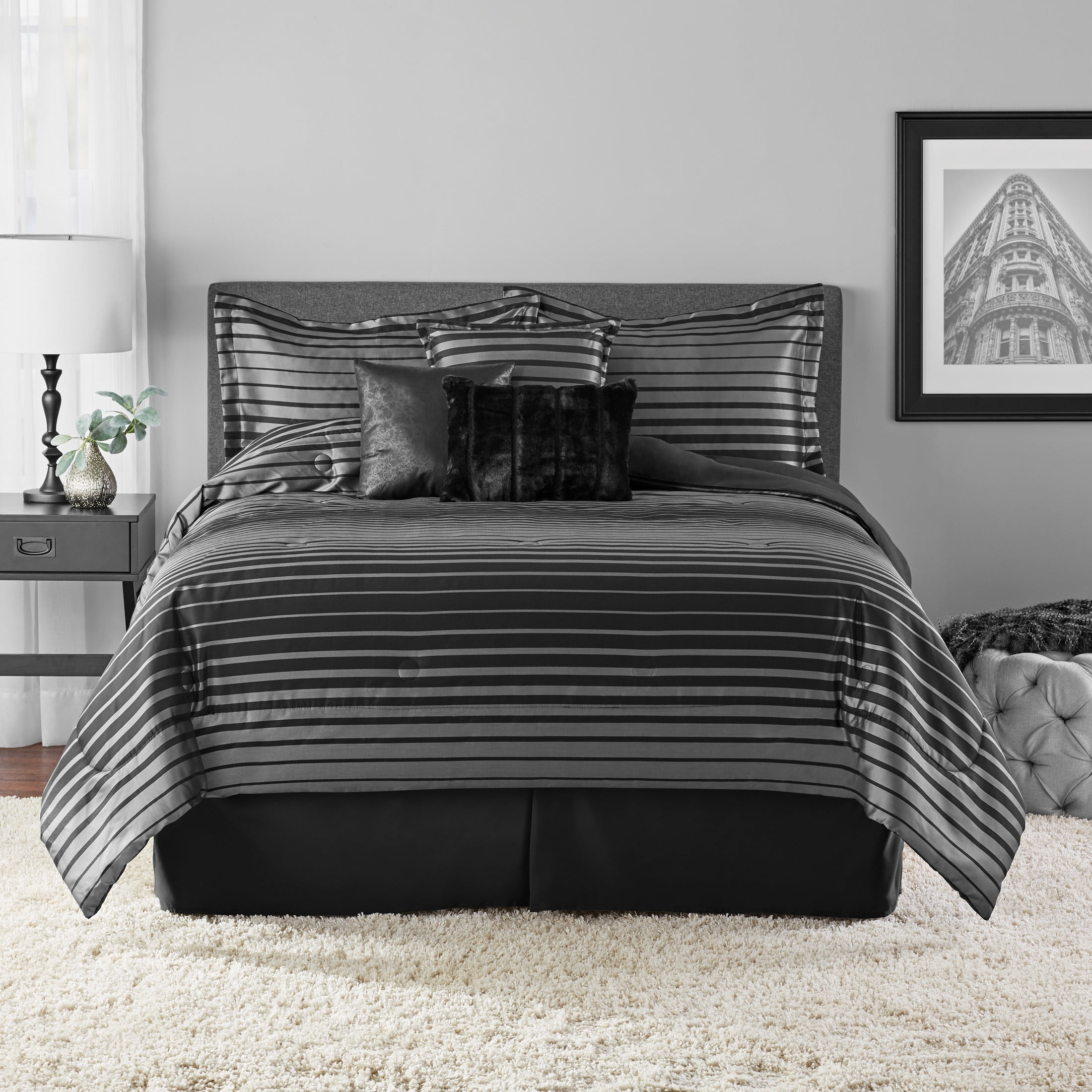 Luxury 7pc Black & Grey Striped Comforter Set AND Decorative Pillows 