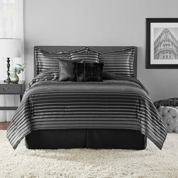 Mainstays Midnight 7-Piece Black Striped Woven Comforter Set, King