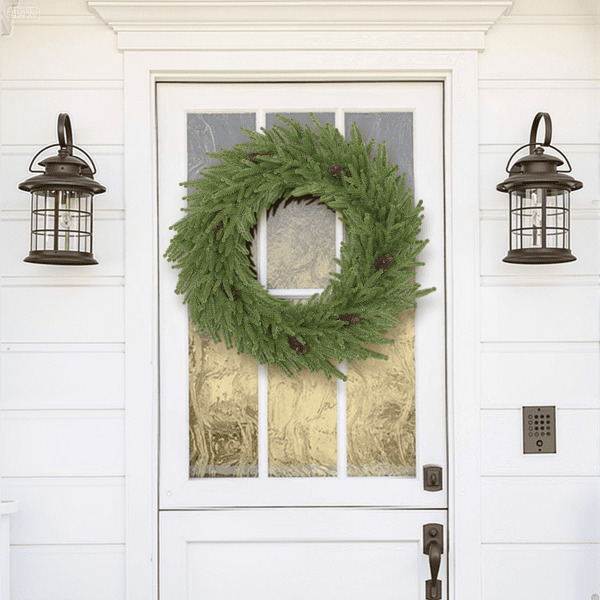 24" Indoor Christmas Wreath, Lifelike Norfolk Pine Design with 88 Moulded Tips, 7 Pine Cones for Doors, Walls, Mantels