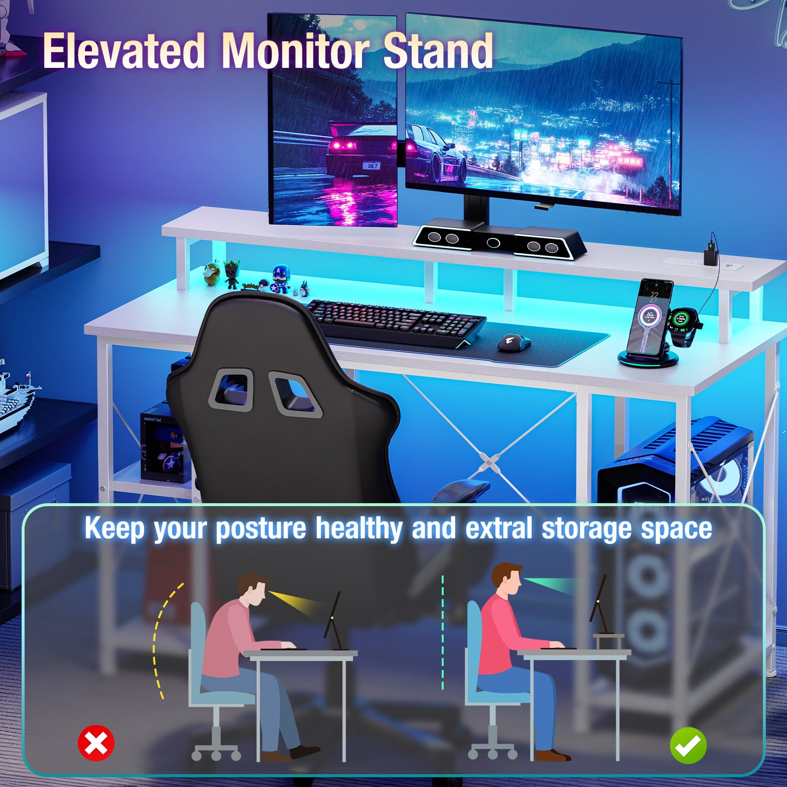 CONCETTA 48" Computer Gaming Desk with LED Light, Power Outlet, Monitor Stand, Headphone Hook, White