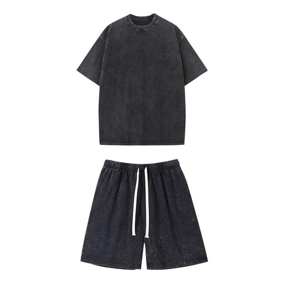 YLSDY Men's 2 Piece Short Sets Oversized T-Shirts Cotton Short Sleeves Casual Loose Basic Tees with Sweat Shorts Athletic Acid Washed Cotton Gym Short Black XXL