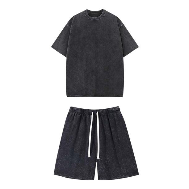 Trajes para Hombres Traje de Ajuste Clásico Verano Cuello Redondo Pantalones Cortos de Manga Corta Traje Dividido de Algodón Lavado