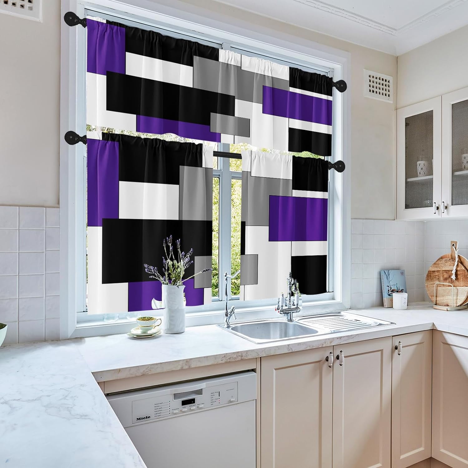 Purple Kitchen Curtains Black Grey Window Curtains Valance and Tier Set 36 Inch, White Modern Rod Pocket Short Tier Curtain for Bathroom, Abstract Art Small Cafe Curtains for Decor