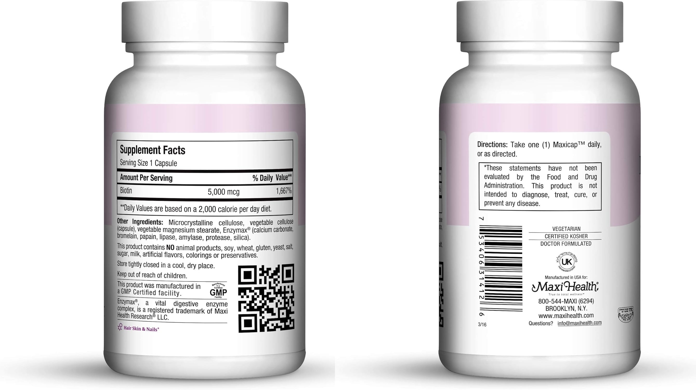 Maxi Health Biotin 5000 mcg – Hair, Skin & Nails Supplement – Vegetarian Capsules – 120 Count