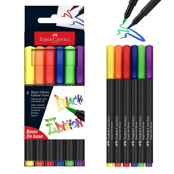 Faber-Castell Black Edition Super Soft Classic Brush Pens | 6 Felt Tip Markers with Flexible Brush Nibs for Coloring, Lettering, Journaling & Drawing
