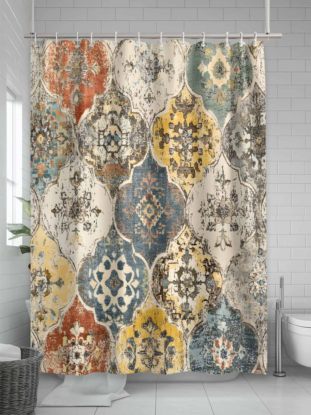 Vintage Boho Morocco Shower Curtain, Floral Lattice Pattern Bathroom Decor Curtains Set with Hooks, Yellow Cream Waterproof Fabric Home Accessories， 72 X 72 Inch Long