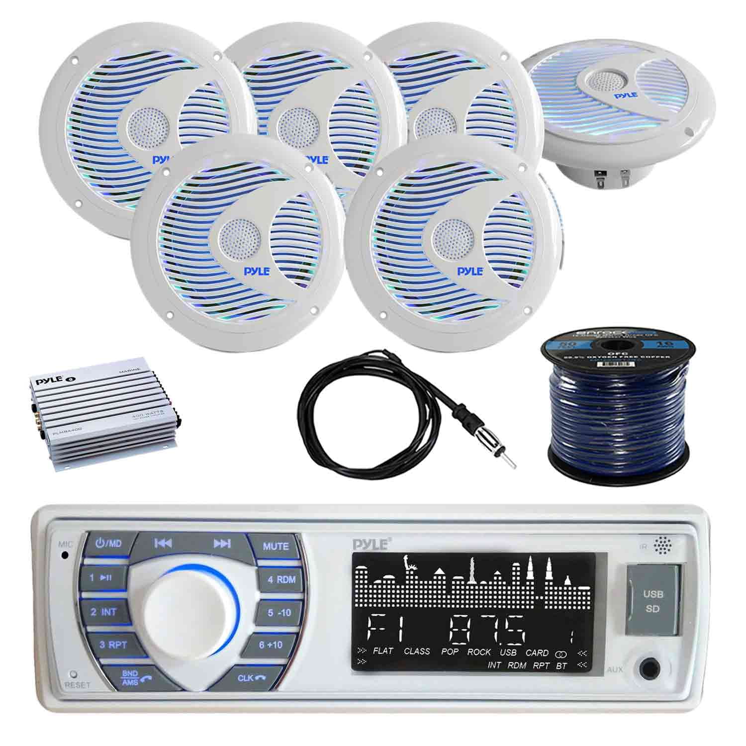 Pyle Bluetooth Marine Receiver Stereo with Pyle 6.5" WP Marine SPKR w