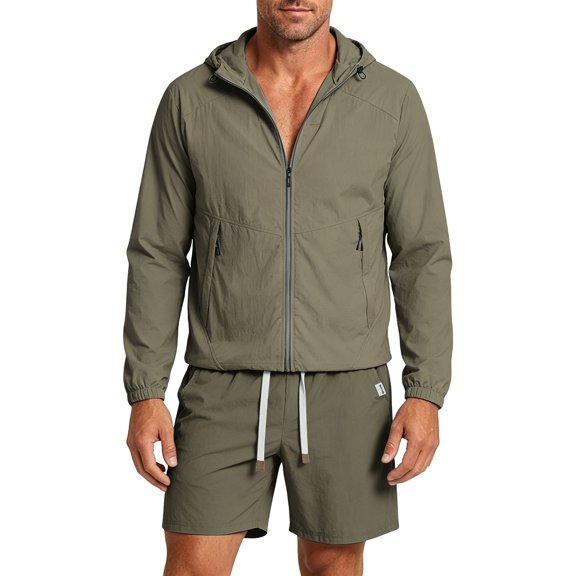 Bpyeka Men's Casual Two-Piece Matching Set, Hooded Zip-Up Long Sleeve Tops & Drawstring Waist Shorts, Quick Dry Breathable Outfit for Sports, XS-3XL