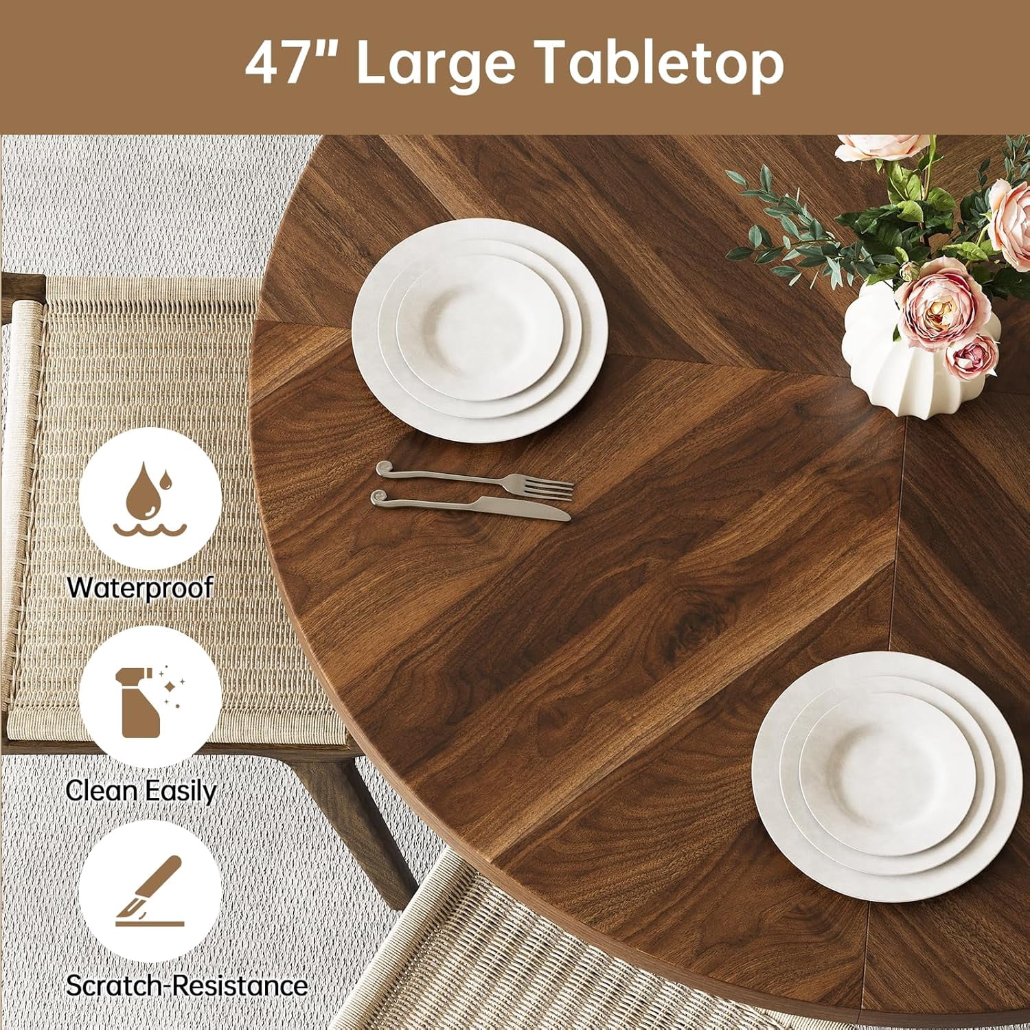 47 inch Round Dining Table for 4, Farmhouse Kitchen Table with 2-Layer Storage Shelf and Wood Slide Door Modern Dinner Table or Home Dining Room Living Room (Walnut)
