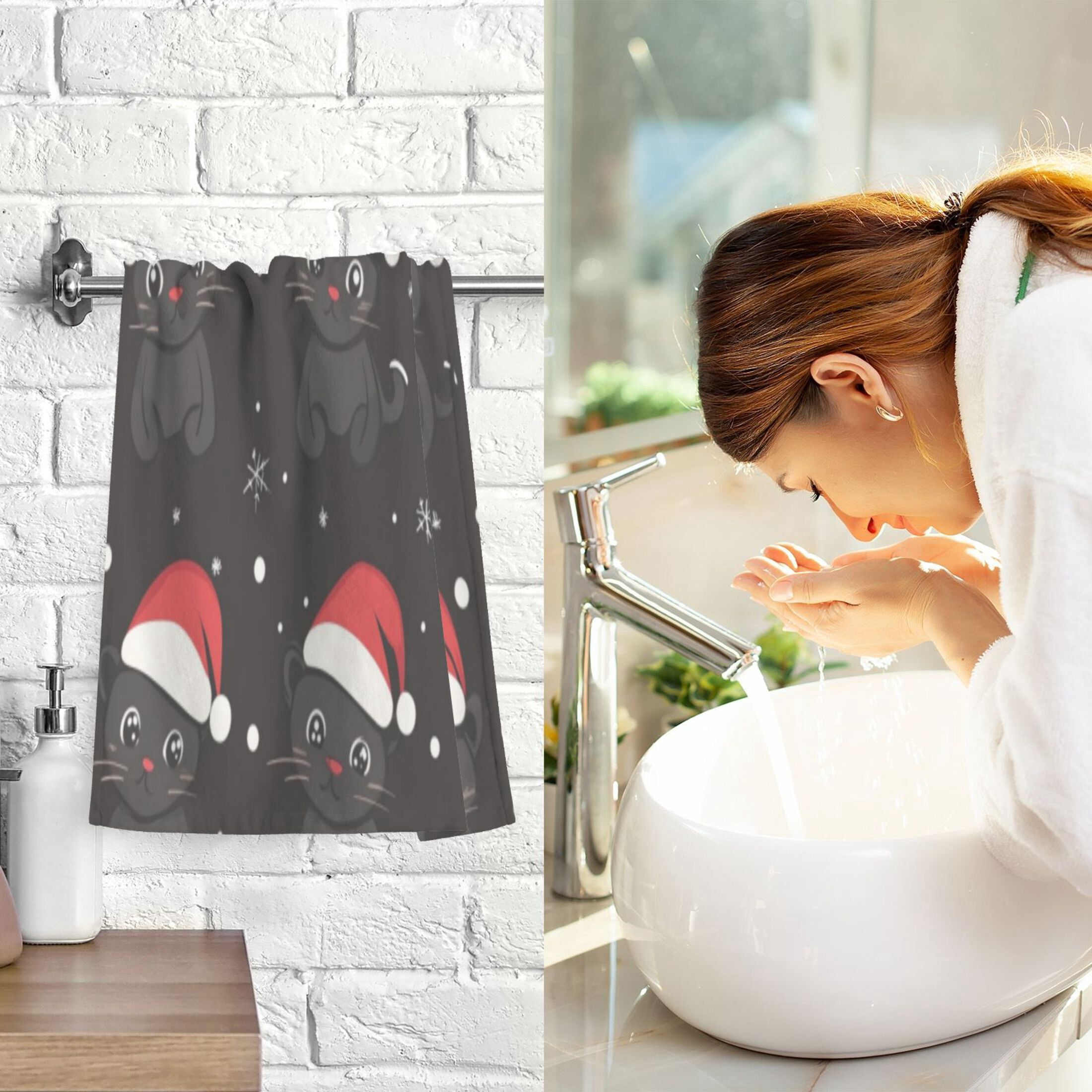 Cotton Towel Two-Piece 16x28 Inch One Sizex2 Face Towel Set Towel Set Cotton Hand Bath Towel Bathroom Beach Little Black Christmas Cat