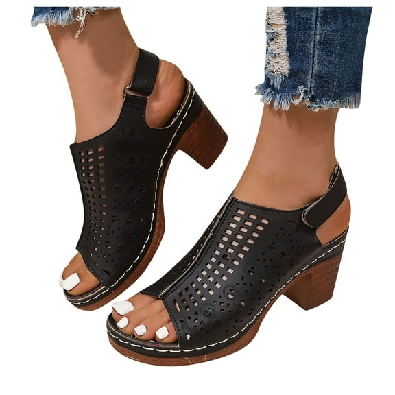 IUJSOY Chunky Heeled Sandals for Women Bohemian Hollow out Open Toe Adjustable Ankle Strap Pumps