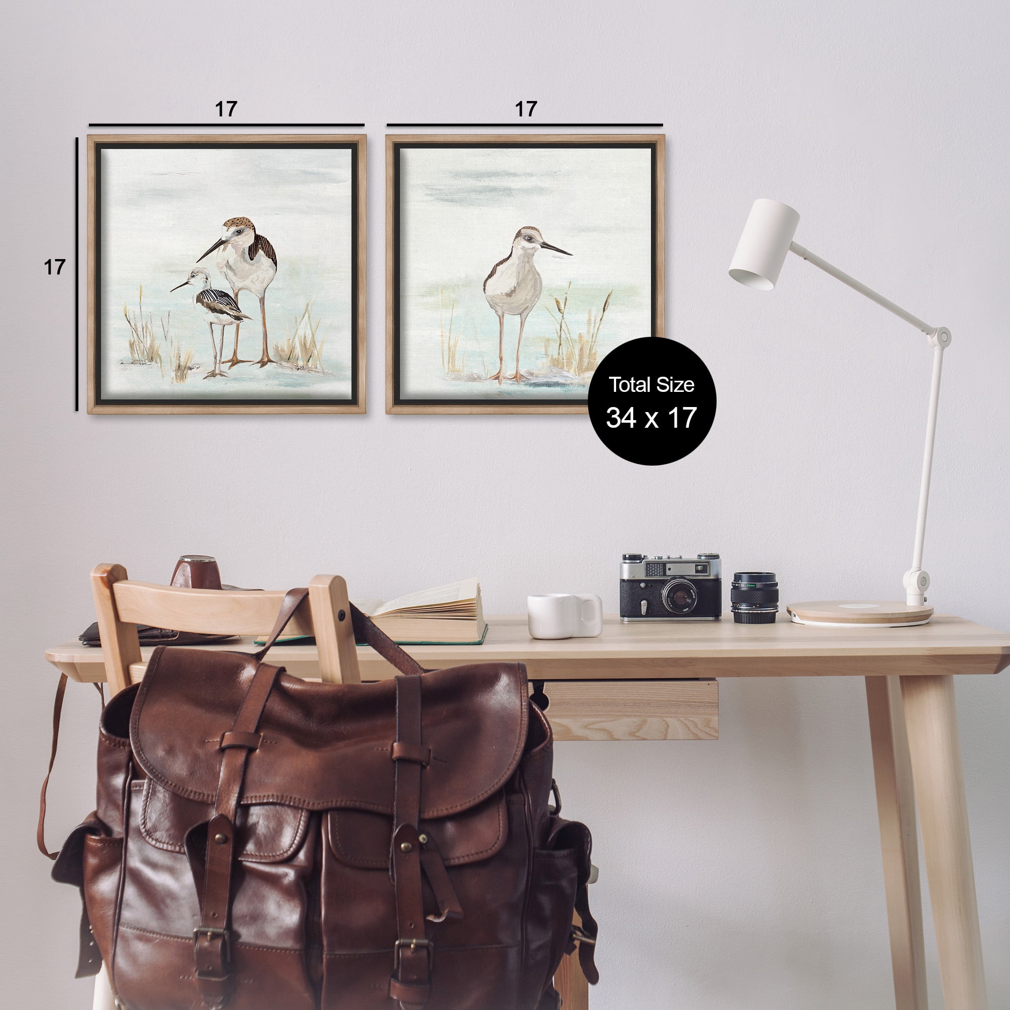 Stupell Industries Sandpipers Among Beach Grasses Animals & Insects Painting Brown Floater Framed Canvas Art Print Wall Art, 18 x 18, Set of 2