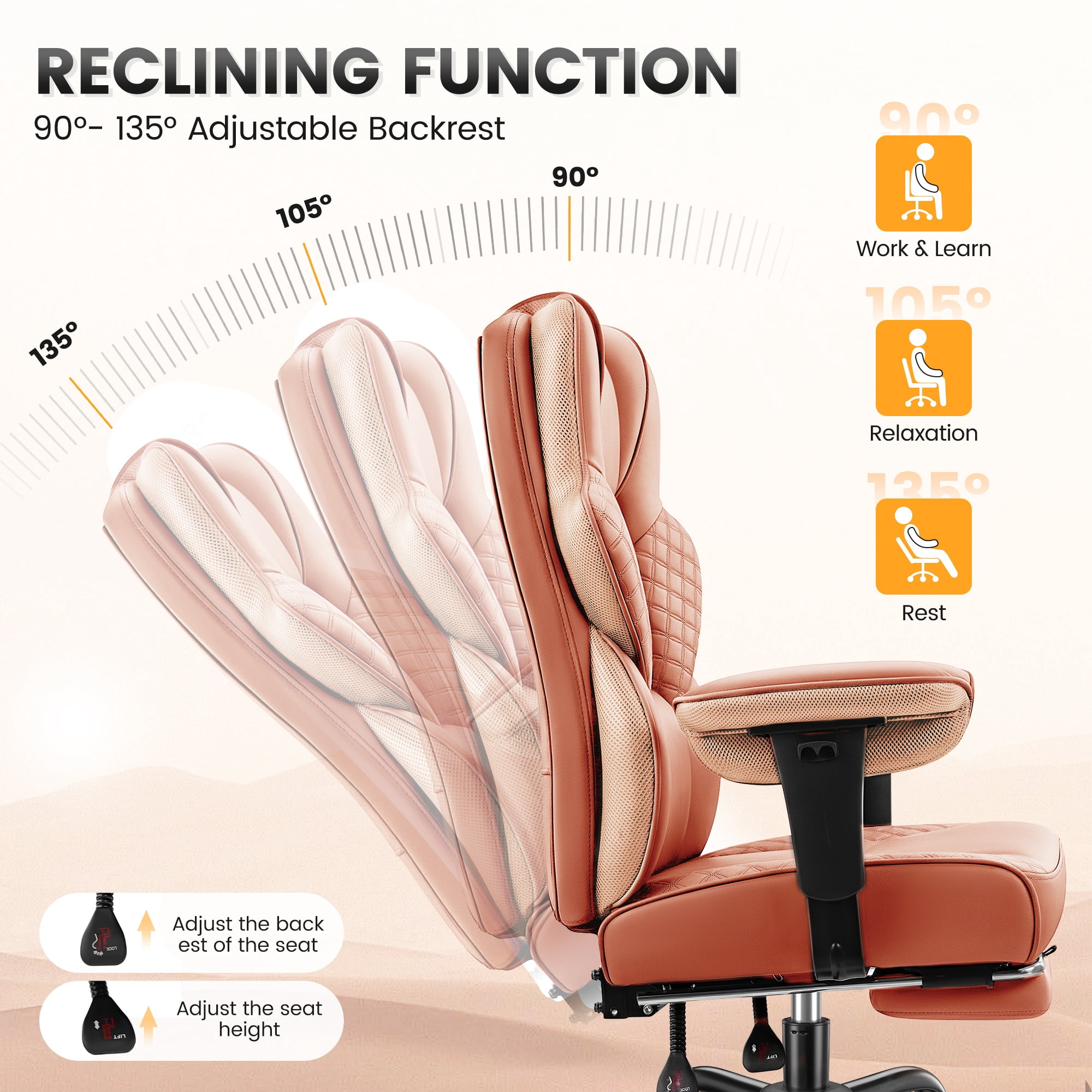 COOLHUT Big and Tall Office Chair 500lbs, Heavy Duty Ergonomic Office Desk Chair with Deluxe Embossing PU Leather with Footrest, Executive Gaming Chair with Lumbar Support, Brown