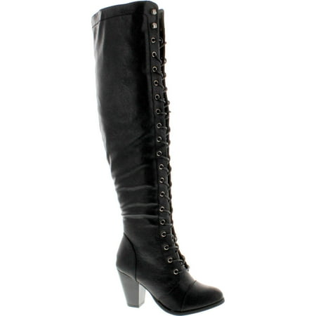 

FOREVER CAMILA-48 Womens Chunky Heel Lace Up Over The Knee High Riding Boots Black 6.5
