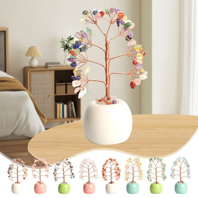Fiudx Adorno de Árbol de Cristal, Diseño de Piedra Natural Pulida, Decoración de Tarro Colorido, Ambiente Vibrante para Oficina o Hogar, Artesanía Única, Tamaño 15 X 8 X 8 Cm