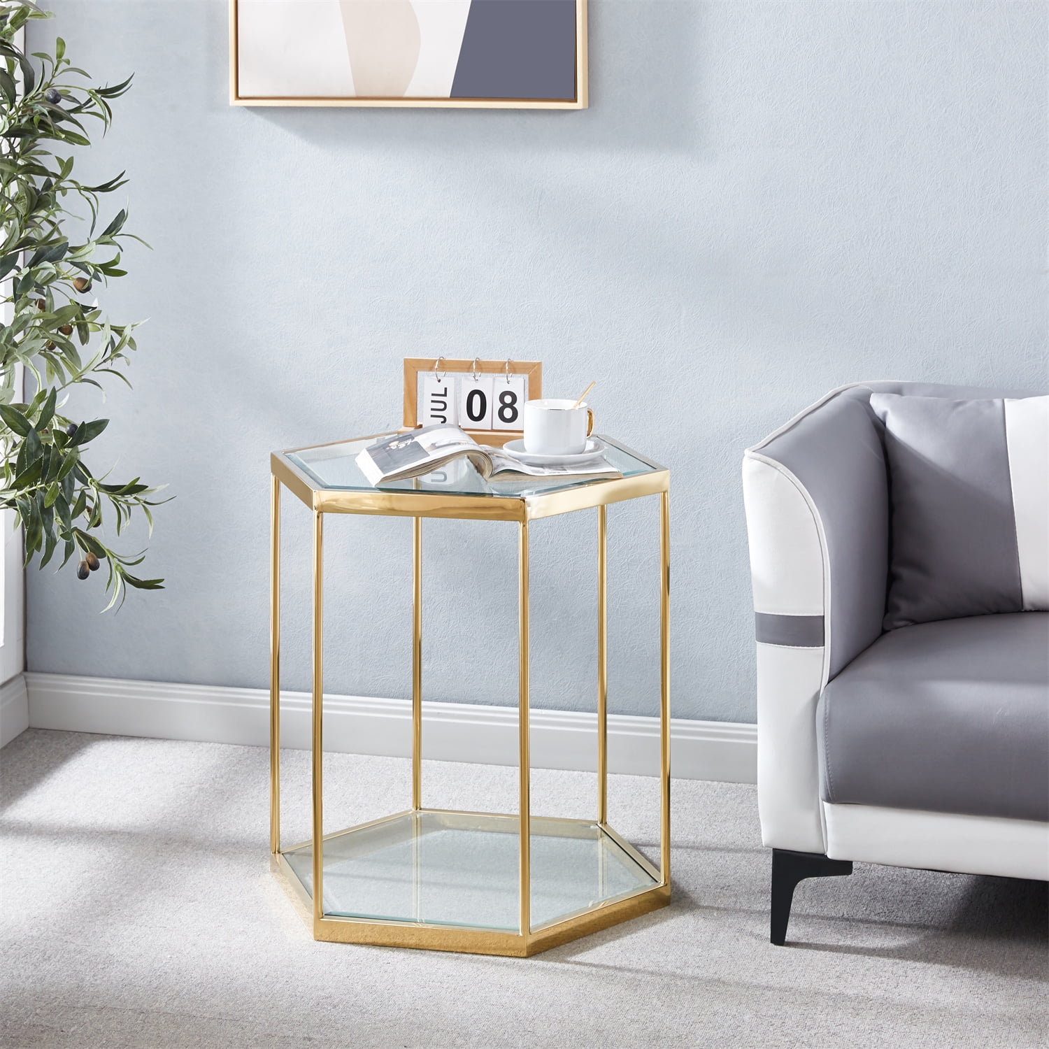 Modern Glass End Table, Small Hexagonal Table with Stainless Steel