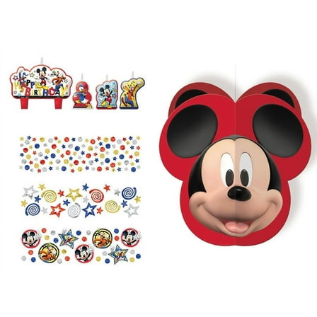 Disney Mickey Mouse Birthday Party Supplies Bundle Includes 4 Piece Candle Set, 1 Confetti Bag, 1 Mickey Head Hanging Decoration, 1 Dinosaur Sticker Sheet