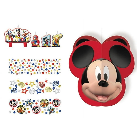 Disney Mickey Mouse Birthday Party Supplies Bundle Includes 4 Piece Candle Set, 1 Confetti Bag, 1 Mickey Head Hanging Decoration, 1 Dinosaur Sticker Sheet